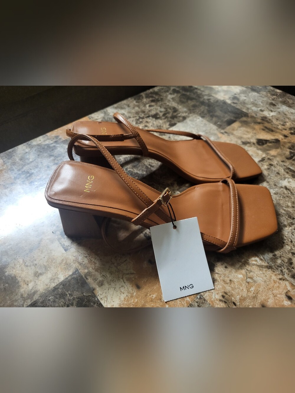 Mango Tan Strappy Square-Toe Block Heel Sandals